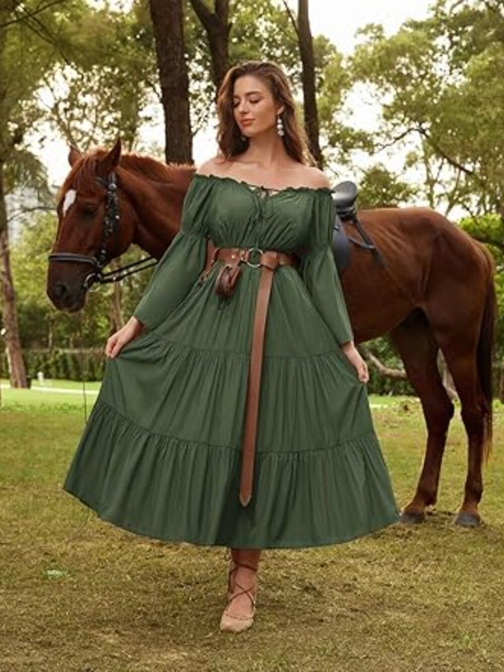 Scarlet Darkness Renaissance Women Off Shoulder Bell Sleeve Tiered Maxi - Picture 4 of 5